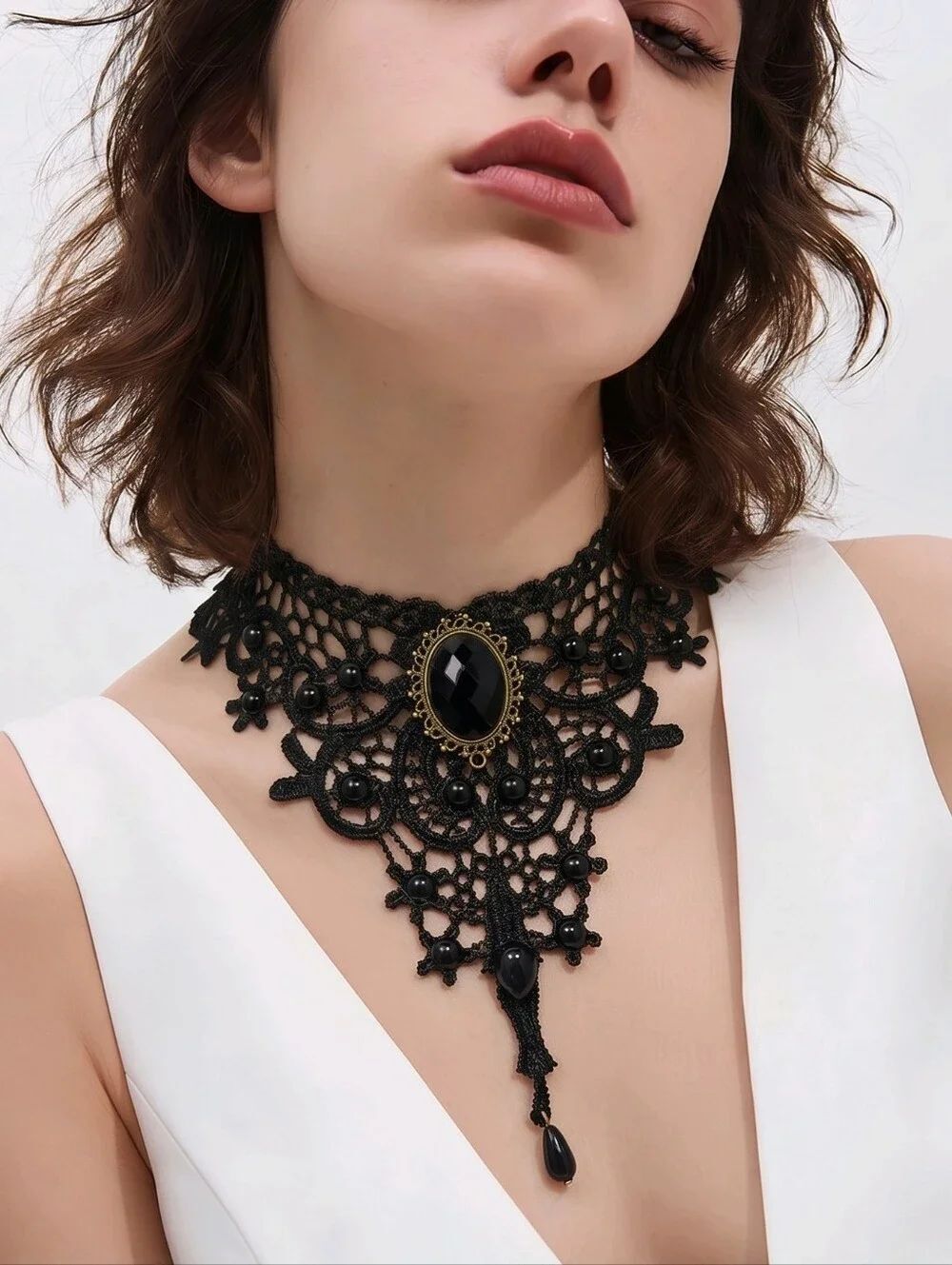 Gothic Victorian Lace Choker Black Gem Steampunk Lolita Vampire Beaded Necklace